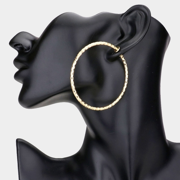 Gold Clip On Hoop Earrings 2.25 Inches Casual Simple Style Textured Jewelry - Picture 1 of 2